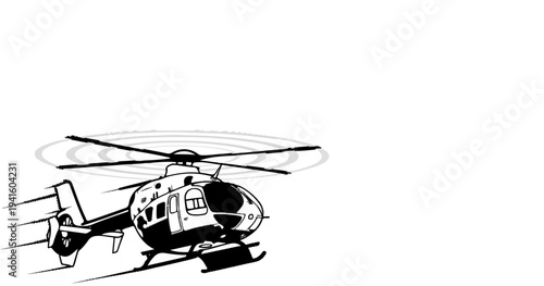 A black and white illustration of a helicopter in flight, with rotor blades blurred