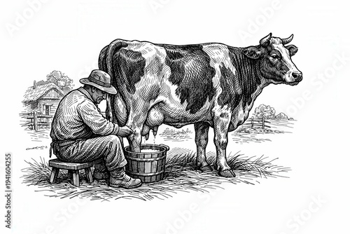 Farmer milking cow by hand on rural farm vintage engraving sketch illustration on white background