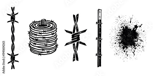 Set of black barbed wire graphic elements including a coil, fence post, and grunge ink splatter in a hand-drawn, high-contrast illustration style for concepts of conflict