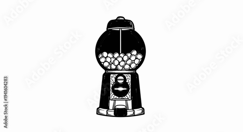 A black and white illustration of a classic gumball machine filled with candies