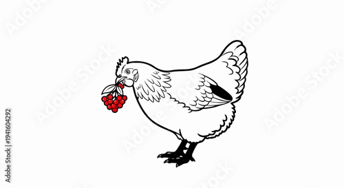 A black and white illustration of a chicken holding red berries in its beak