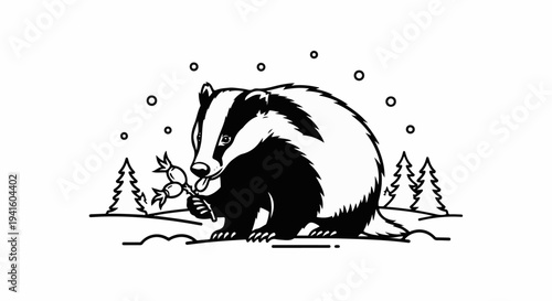 A black and white illustration of a badger nibbling on berries in a winter landscape