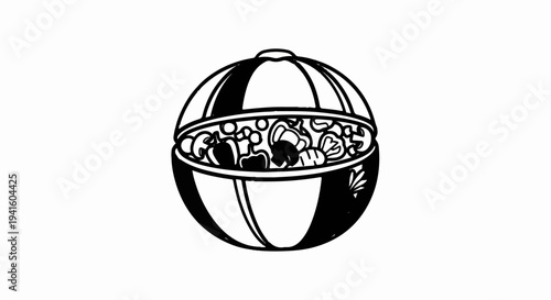 A black and white illustration of a basket filled with colorful vegetables