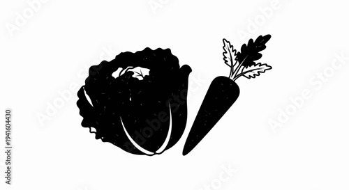 A black and white illustration features a head of lettuce and a carrot