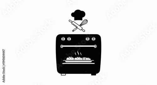 A black and white icon of an oven with baking tools above
