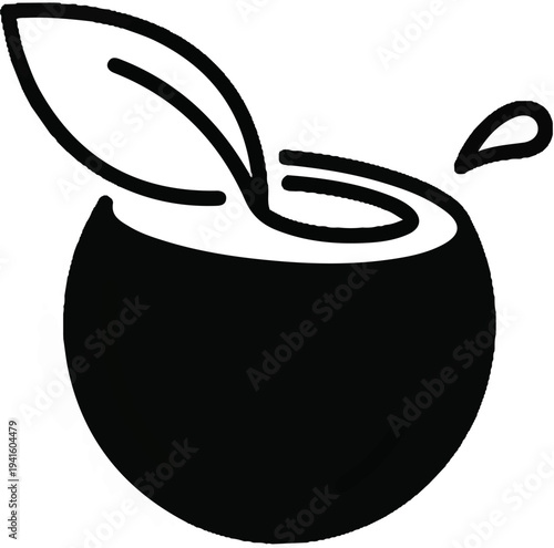 A black and white icon of a halved coconut with a leaf and liquid splash