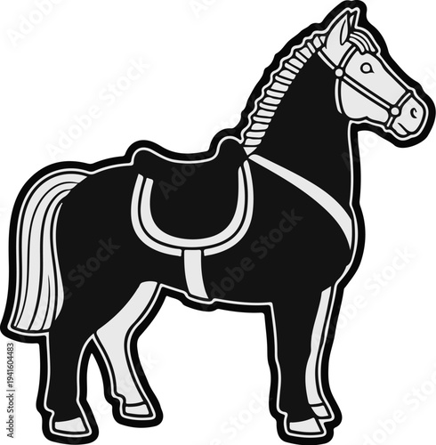A black and white graphic of a saddled horse with a flowing mane and tail