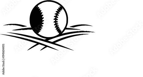 A black and white graphic of a baseball resting on curved lines resembling grass