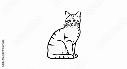 A black and white drawing of a tabby cat sitting and looking forward