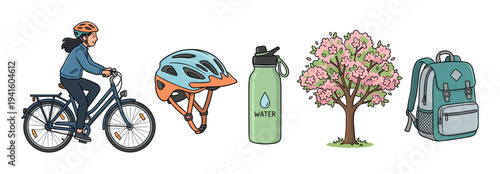 Collection of colorful hand-drawn illustrations featuring a cyclist, safety helmet, water bottle, blooming tree, and backpack for outdoor activity and travel concepts in a clean doodle style