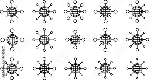 Global Network Connection Icon Set with Internet Globe and Connected Nodes for Digital Communication, Technology Networking, Data Exchange and Worldwide Connectivity