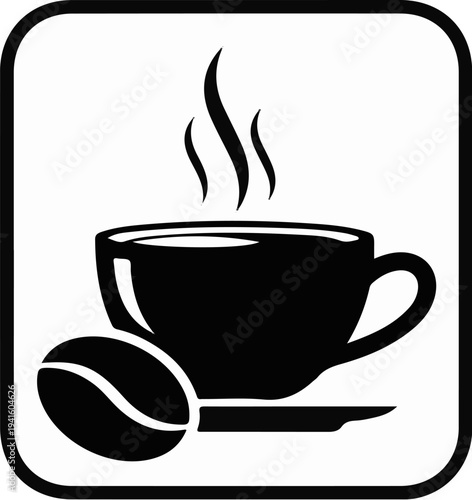 A simple black and white icon depicting a steaming cup of coffee beside a single bean