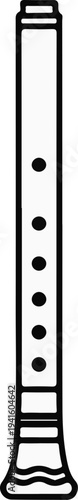 A black and white drawing of a simple wooden recorder instrument