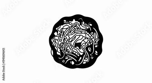 A black and white drawing of a round bowl filled with food