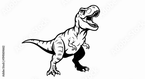 A black and white drawing of a roaring Tyrannosaurus Rex dinosaur