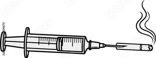 A black and white drawing of a medical syringe connected to a lit cigarette with smoke