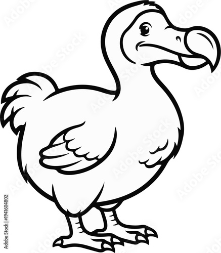 A black and white cartoon illustration of a dodo bird standing
