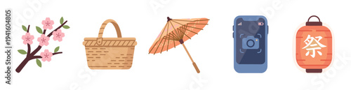 Collection of Japanese festival icons including a sakura branch, picnic basket, paper parasol, smartphone, and chochin lantern in a flat vector illustration style