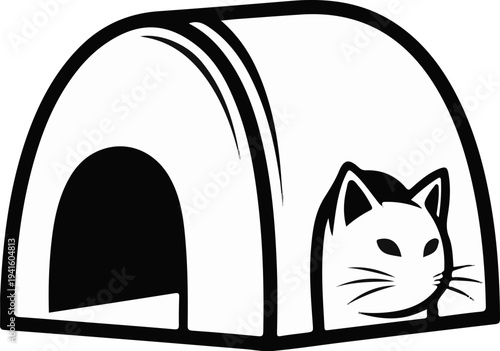 A simple black and white illustration of a cat peeking out from a cozy structure