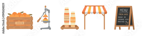 Set of hand-drawn juice stand illustrations with a wooden crate of oranges, a manual press, striped cups, a market awning, and a chalkboard menu in a flat, textured style