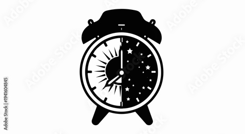 A black alarm clock face split between sun and stars