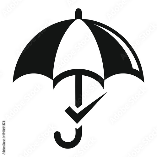 Black and white illustration of an open umbrella with handle down  protection symbol icon