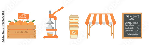 This colorful flat design illustration features a fresh juice stand concept, showing a crate of oranges, a juice press, stacked cups, a striped awning, and a menu board with drink options
