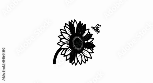 A bee hovers near a blooming sunflower in a black and white sketch