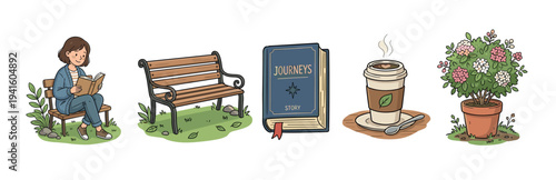 Charming set of hand-drawn illustrations showing a woman reading on a bench, a book, coffee, and a potted plant, representing leisure and relaxation in a cozy doodle style