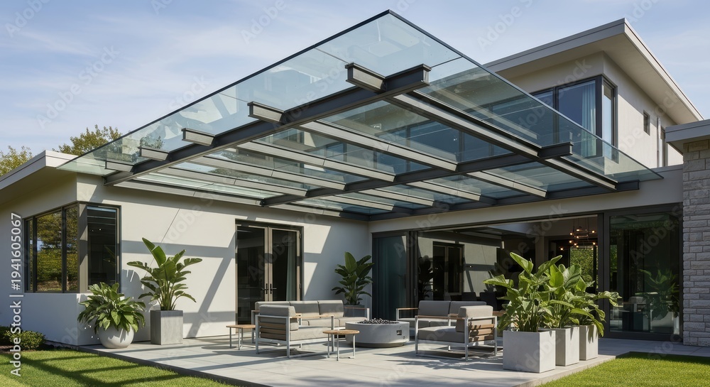 Fototapeta premium Modern House with Glass Canopy and Lush Greenery in Bright Afternoon Light