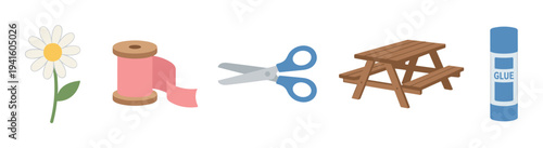 Five distinct cartoon illustrations showcase a daisy, ribbon, scissors, picnic table, and glue stick, rendered in a clean, flat design style