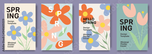 Spring season posters with flowers leaves pastel colors modern floral design greeting cards