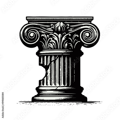 Broken Ancient Ionic Column Capital and Fluted Shaft Vector Illustration
