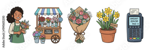 Charming set of hand-drawn flower shop illustrations featuring a smiling florist, a market cart, a bouquet, potted daffodils, and a payment terminal