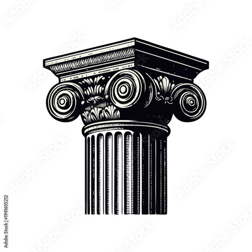 Ornate Classical Column Capital Drawing with Scrolls and Acanthus Leaves