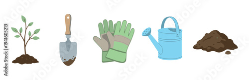 Gardening tools and equipment set including a young sapling, trowel, protective gloves, watering can, and a pile of soil for planting, shown in a flat illustration style