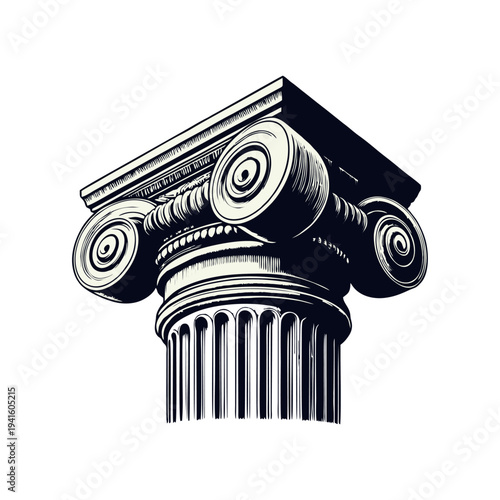 Classical Ionic Column Capital Illustration with Volutes in Engraving Style