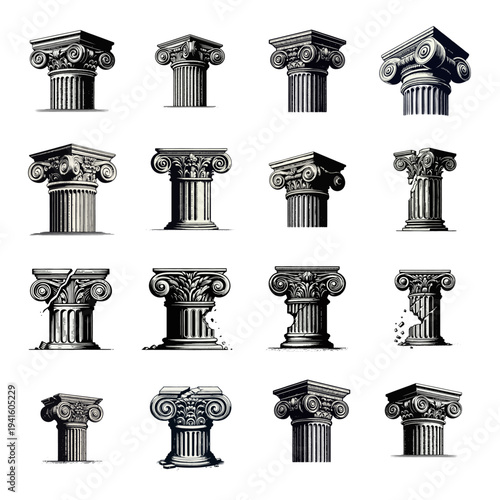 Classical Corinthian and Ionic Columns and Capitals Vector Set, Intact and Ruined Architectural Elements