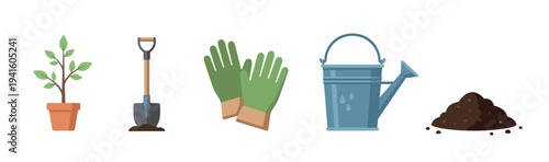 Set of gardening tools and equipment including a sapling, shovel, gloves, watering can, and soil, presented as a flat vector illustration for horticulture or planting concepts