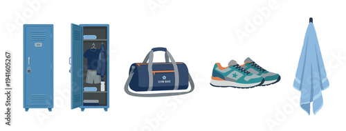 Various gym and fitness accessories are neatly arranged, including blue lockers, a duffel bag, athletic shoes, and a hanging towel, all depicted in a clean, flat illustration style