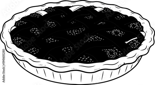 A black and white illustration of a pie with a lattice crust