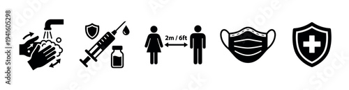 Set of black health safety icons showing pandemic prevention measures like hand washing, vaccination, social distancing, and wearing a face mask in a flat graphic style