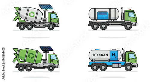 Eco-friendly trucks set: solar cement mixers and hydrogen fuel tankers for sustainable transport.