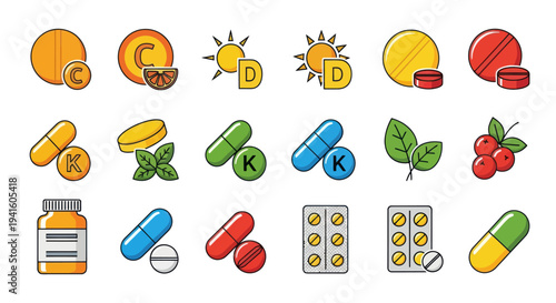 Vitamin and Supplement Icons: Colorful Vector Set for Health and Wellness.