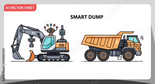 Futuristic smart construction machinery featuring an AI-powered excavator and an autonomous dump truck.