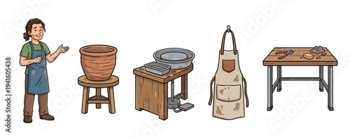 Collection of pottery making illustrations showing a smiling potter, a clay pot, a wheel, an apron, and a workbench with tools in a charming cartoon style