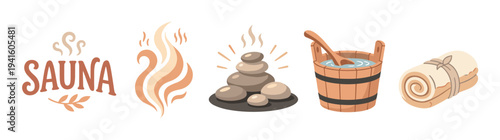 Set of sauna and spa icons including a wooden bucket with water, hot stones, a rolled towel, and a steam logo in a flat cartoon illustration style for wellness and relaxation concepts
