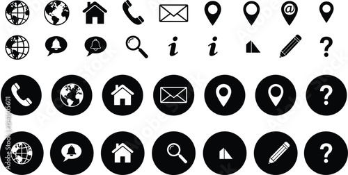 Collection of Communication and Navigation Icons Featuring Globe, Phone, Email, Location, Information, and Question Symbols for Web and App Design