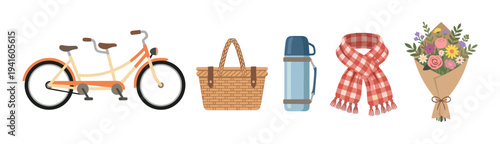 Tandem bicycle, picnic basket, thermos, scarf, and flower bouquet illustrated in a cute flat style, a collection of items for a romantic date or outing