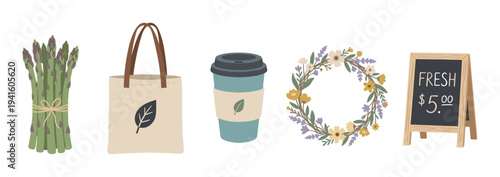Collection of farmers market themed illustrations features fresh asparagus, a reusable tote bag, a coffee cup, a floral wreath, and a 'Fresh' chalkboard sign in a charming, flat graphic style